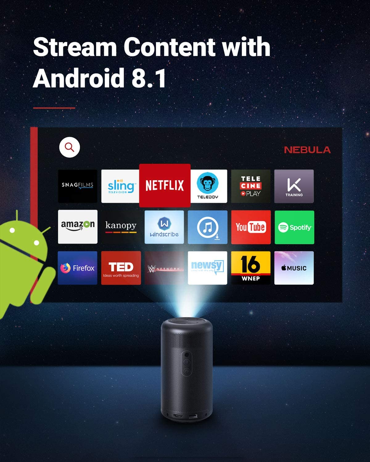 A Capsule Max portable projector displays Android 8.1 content onto a screen with the Android mascot peering nearby.