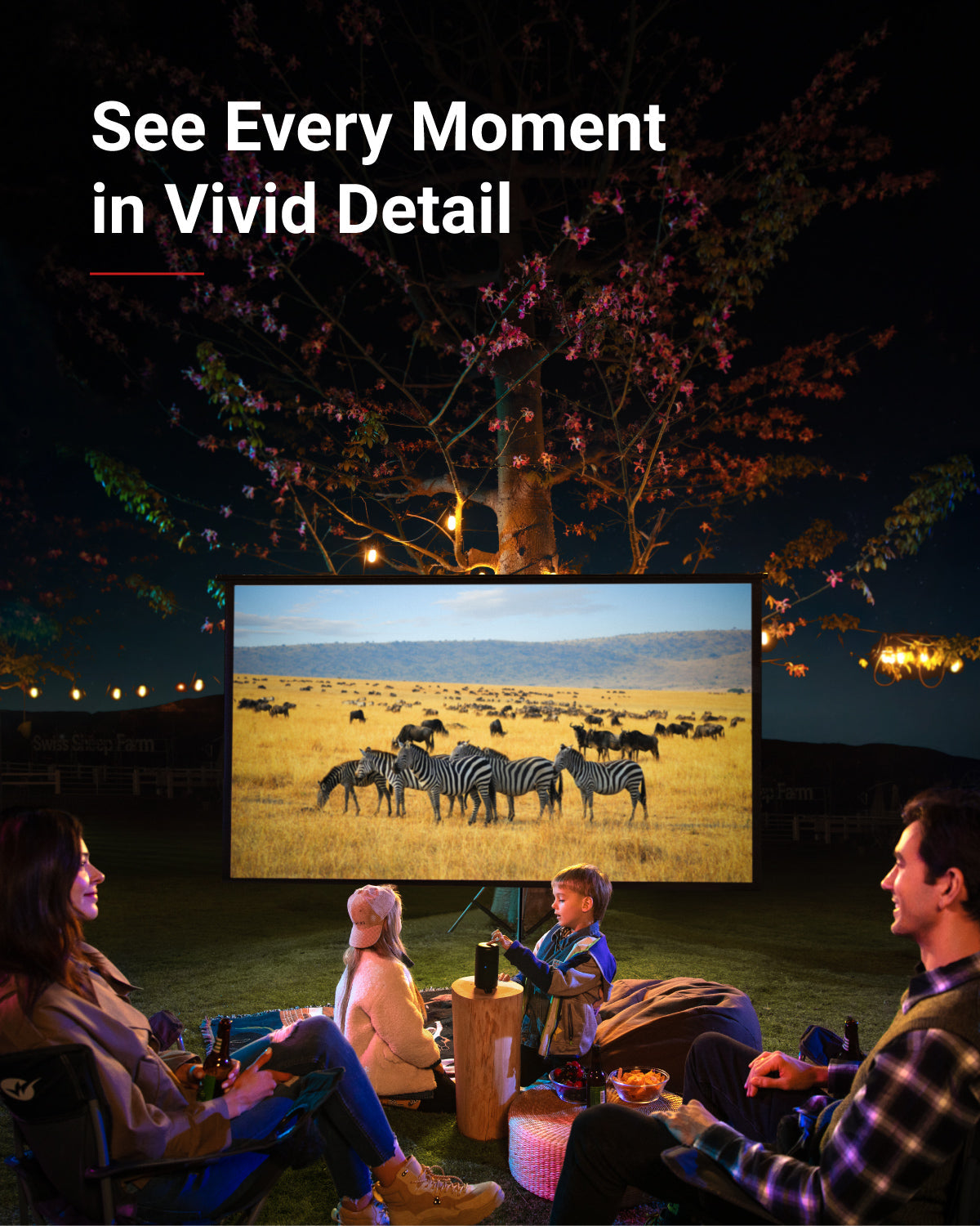 At night, a family uses a Capsule portable projector to watch a movie about zebras outside with a screen set up near a tree.